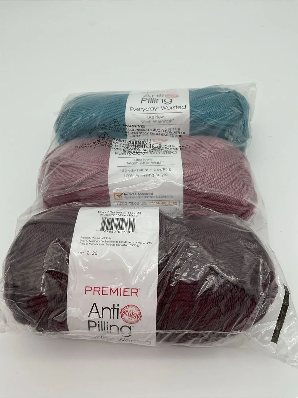 Lot of 3 Skeins Premier Anti-Pilling Everyday Worsted Yarn for Annie’s Kit Club